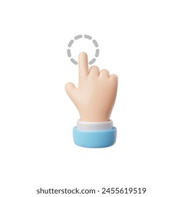 3D vector icon of a hand in a blue cuff with an index finger ready to press. Ideal for touch-enabled graphics. Emoji gesture in cartoon style on isolated background.