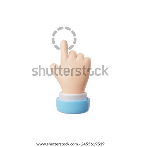 3D vector icon of a hand in a blue cuff with an index finger ready to press. Ideal for touch-enabled graphics. Emoji gesture in cartoon style on isolated background.