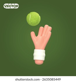 3D vector icon hand catching a tennis ball on a green background. realistic illustration 