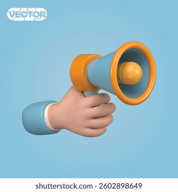 3D vector icon hand holding a megaphone for announcement and promotion on blue background. realistic illustration. 