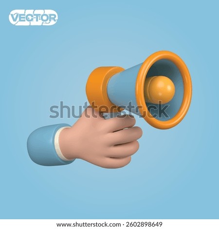 3D vector icon hand holding a megaphone for announcement and promotion on blue background. realistic illustration. 