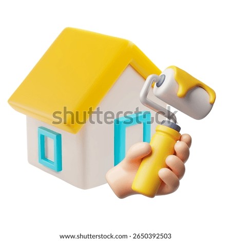 3D vector icon of hand holding paint roller with yellow paint near house facade. Construction, renovation theme. Painting equipment. Cartoon illustration. Isolated background. Render.