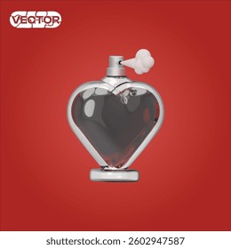3D vector icon heart-shaped perfume bottle on a red background. realistic illustration