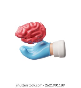 3D vector icon of human hand in blue glove with brain. Psychological health. Emotional balance. Support, care and treatment. Medicine. Cartoon style. Isolated background. Illustration.