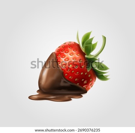 3D vector icon illustration. Close-up of a whole red strawberry covered with chocolate on a grey background.