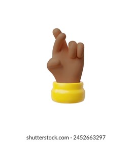 3D vector icon illustration of a hand with crossed fingers, a universal gesture for wishing luck, featuring a bright yellow wristband.