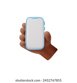 3D vector icon illustration of a hand holding a blank smartphone in a protective case, perfect for mockup displays and digital technology themes.