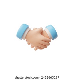 3D vector icon illustration of a handshake, a universal gesture of agreement, partnership, or greeting, with hands wearing blue wristbands.