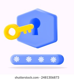 3d vector icon illustration, key entering a keyhole, with a password bar below. Ideal for cybersecurity, online security, and access control data protection 