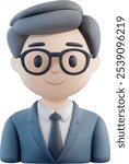 3D vector icon illustration of a professional man character wearing a business suit and tie with glasses and a friendly expression, ideal for office-related graphics, presentations, or avatars.