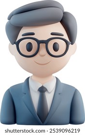 3D vector icon illustration of a professional man character wearing a business suit and tie with glasses and a friendly expression, ideal for office-related graphics, presentations, or avatars.