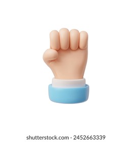 3D vector icon illustration of a raised clenched fist, a symbol of solidarity and support, with a light blue band around the wrist.