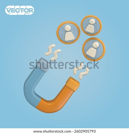 3D vector icon magnet attracting people, business marketing concept on blue background. realistic illustration. 