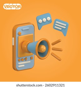 3D vector icon marketing and advertising through social media on mobile phone on a orange background. realistic illustration. 