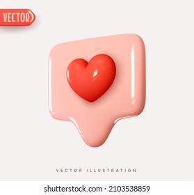 3d vector icon message dialog button with red heart. Realistic Elements for romantic design. Isolated object on pink background