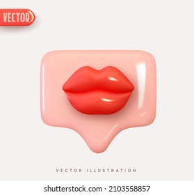 3d vector icon message dialog button with red lips. Realistic Elements for romantic design. Isolated object on white background