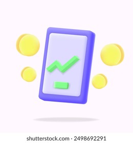 3D vector icon minimal style of a mobile device with a green upward graph and gold coin. Ideal for finance, stock tracking, and business apps. Enhance your financial management and analytics