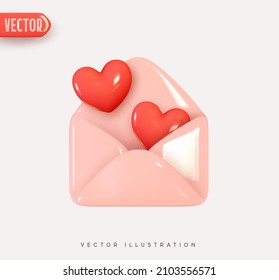 3d vector icon open envelope letter, mail letter with red heart. Realistic Elements for romantic design. Isolated object on pink background