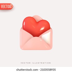 3d vector icon open envelope letter, mail letter with red heart. Realistic Elements for romantic design. Isolated object on white background