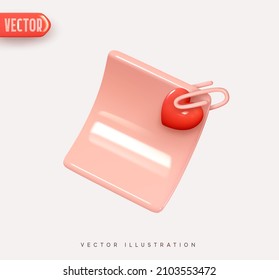 3d vector icon paper sheet, letter sheet pinned with paper clip and red heart. Paper notes Realistic Elements for romantic design. Isolated object on white background