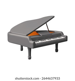 3D vector icon of piano with keys in gray color on isolated background. Musical instrument for concerts, shows, entertainment events. Cartoon illustration. Render. Minimalism.