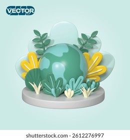 3D vector icon planet Earth with nature elements on a light blue background. realistic illustration 