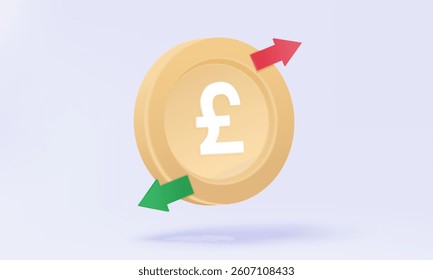 3D vector icon Pound golden coin with arrow green and red symbol floating on pastel background. Exchange rate money payments transfer, Currency deposit economy financial business investment management