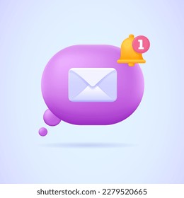 3d vector icon with purple message end envelope. Dialog, sms, message, email, chat speech bubble. Business icon. Three dimensional vector illustration for web site, banner, landing page.