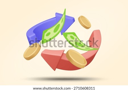 3D vector icon of red and blue cycling arrows with floating banknotes and coins. Concept for currency exchange,money refund, financial turnover.Minimalist and clean modern banking design illustration
