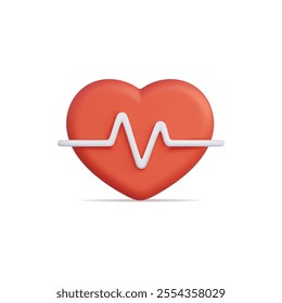 3d vector icon of a red heart with a heartbeat line, symbolizing health