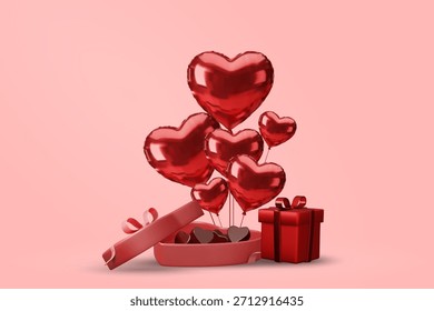 Icono de Vector 3D de globos de corazón rojo con caja de chocolate abierta y regalo. Concepto para la sorpresa del día de San Valentín, regalo romántico del amor. Ilustración de diseño festivo moderno minimalista y limpio.