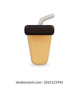 3d vector icon of a refreshing drink cup with a straw, featuring a bright yellow and black theme