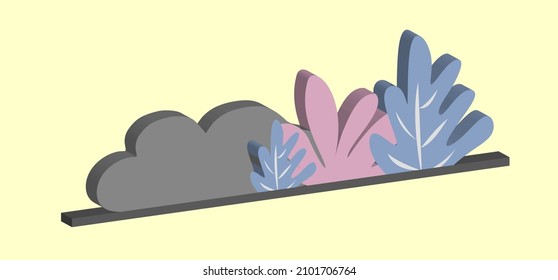3D vector icon rock and leaves grass, pastel colors blue and pink. Best for your decoration images