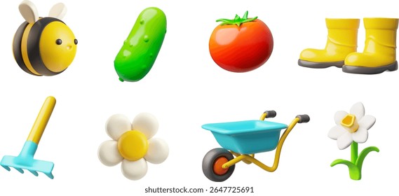 3D vector icon set of gardening, rake, wheelbarrow, bee, cucumber, tomato, flower, rubber boots. Agriculture. Cultivation, soil and harvest. Cartoon style illustration. Isolated background.