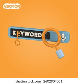 3D vector icon set keyword search bar with magnifying glass and key on orange background. realistic illustration. 