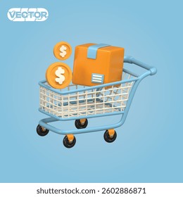 3D vector icon set online shopping and delivery concept with cart, package and money on blue background. realistic illustration. 