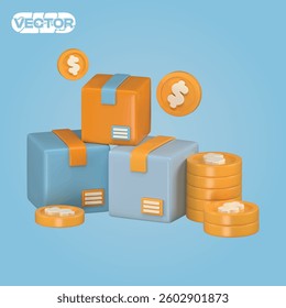 3D vector icon shipping boxes and money coins on blue background. realistic illustration.