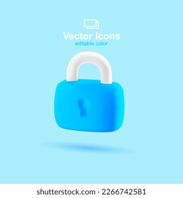 3d vector icon. Social media set. Blue lock icon. Private safety symbol.