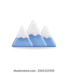 3d vector icon of stylized mountains with snow caps in blue tones, representing nature and outdoor themes