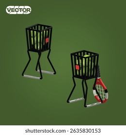 Carrito de la pelota de tenis del icono del Vector 3D con la raqueta en un fondo verde