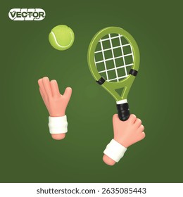 3D vector icon tennis player with ball and racket on a green background. realistic illustration 