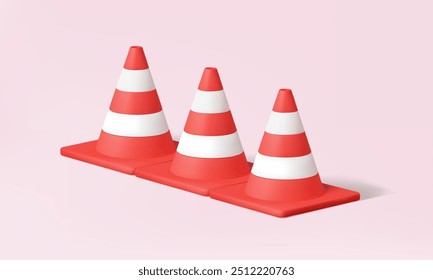 Ícone vetorial 3D Três cones de plástico de tráfego vermelho no fundo rosa. construção conceito de prevenção de acidentes industriais. Símbolo de sinal de aviso de segurança, Cartoon mínimo. Vetor Eps 10. renderização 3d