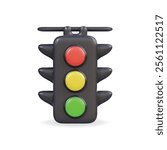 3D vector icon of a traffic light displaying red, yellow, and green colors for road safety