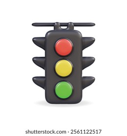 3D vector icon of a traffic light displaying red, yellow, and green colors for road safety