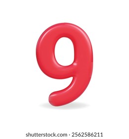 3d vector icon of a vibrant red number nine, modern shape with a smooth finish, playful design theme