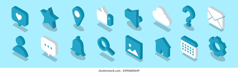 3d vector icons collection for internet, social media and mobile app. 16 isometric icons including location, gear, like, thumbs up and more