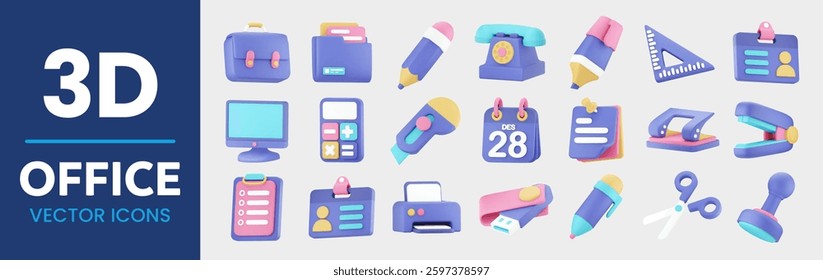 3D vector icons collection of office and stationery tools. Featuring pencil, ruler, calculator, stapler, file, phone, calendar, ID card, printer, and various office items in vibrant colors