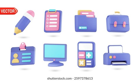 3D vector icons collection of office tools and stationery. Featuring pencil, calculator, printer, computer, folder, ID card, file, and other essential office items in vibrant colors