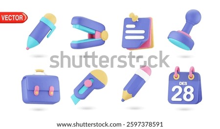 3D vector icons collection of office stationery. Featuring pen, stapler, notebook, calendar, pencil, binder, file stamp, and other cute office supplies in bright colors.