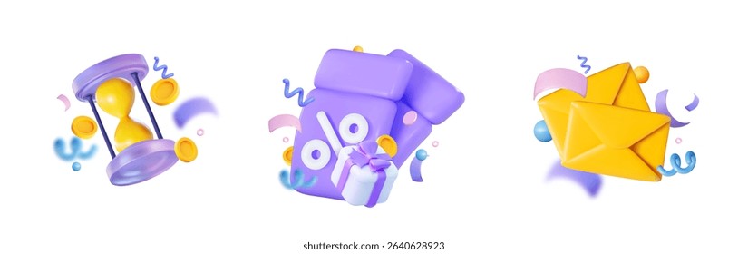 3D vector icons for email marketing with envelope, hourglass and gift box surrounded by confetti and coins. Festive symbols of newsletter, subscription, cashback, coupon, notification and promotion.
